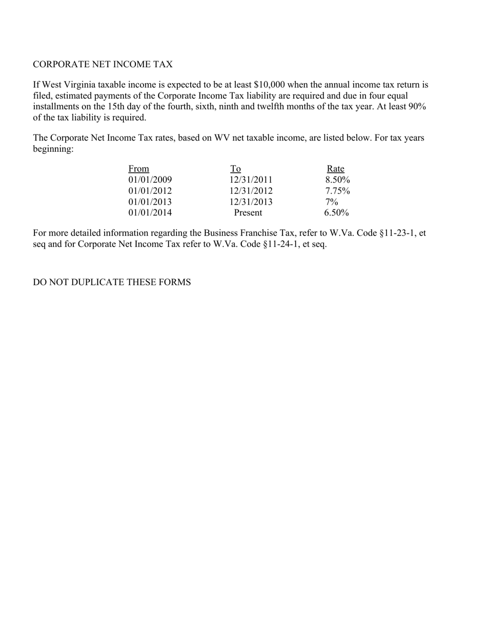 Form WV / CNF-120ES West Virginia Estimated Corporate Net Income Tax Payment - West Virginia, Page 2