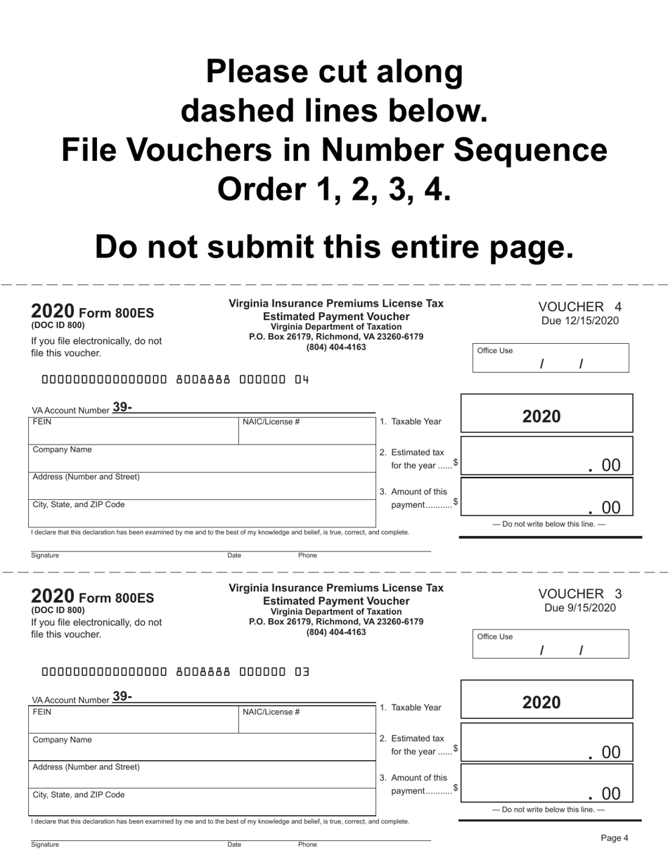 Form 800ES Insurance Premiums License Tax Estimated Payment Voucher - Virginia, Page 4
