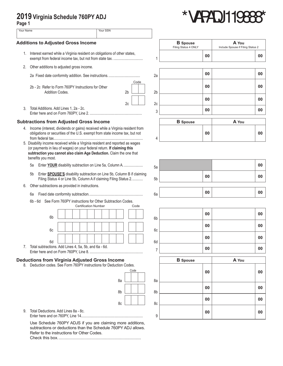 Schedule 760PY ADJ Schedule of Adjustments for Part-Year Residents - Virginia, Page 1