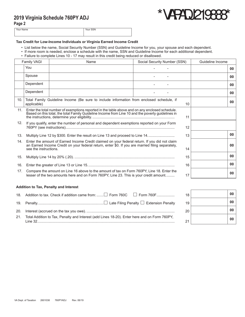 Schedule 760PY ADJ Schedule of Adjustments for Part-Year Residents - Virginia, Page 2