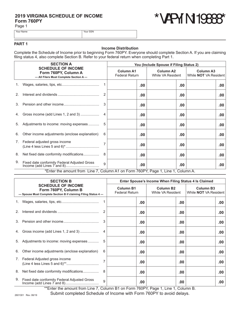 Form 760PY Schedule of Income - Virginia, Page 1