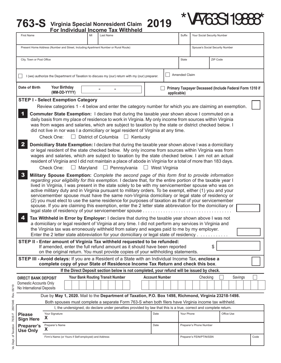 Form 763-S Virginia Special Nonresident Claim for Individual Income Tax Withheld - Virginia, Page 1