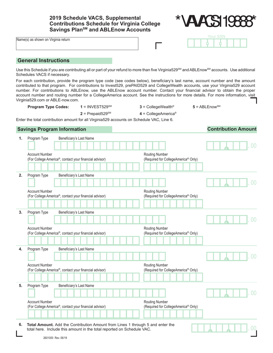 Schedule VACS Supplemental Contributions Schedule for the Virginia College Savings Plan and Ablenow Accounts - Virginia, Page 1