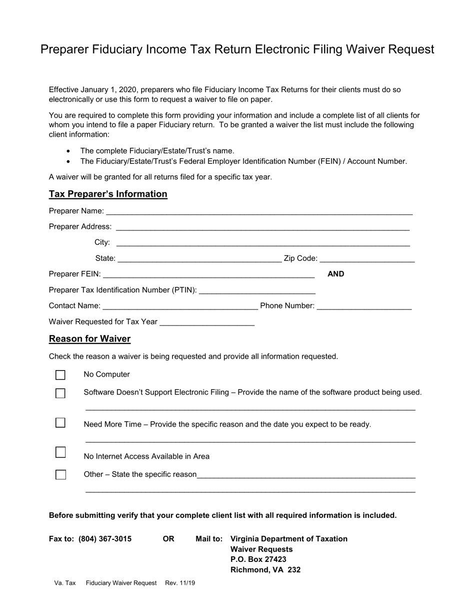 Preparer Fiduciary Income Tax Return Electronic Filing Waiver Request - Virginia, Page 1