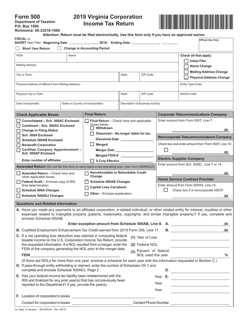 Form 500 Download Fillable PDF Or Fill Online Virginia Corporation 