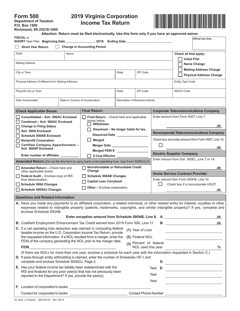 Form 500 Virginia Corporation Income Tax Return - Virginia, Page 1