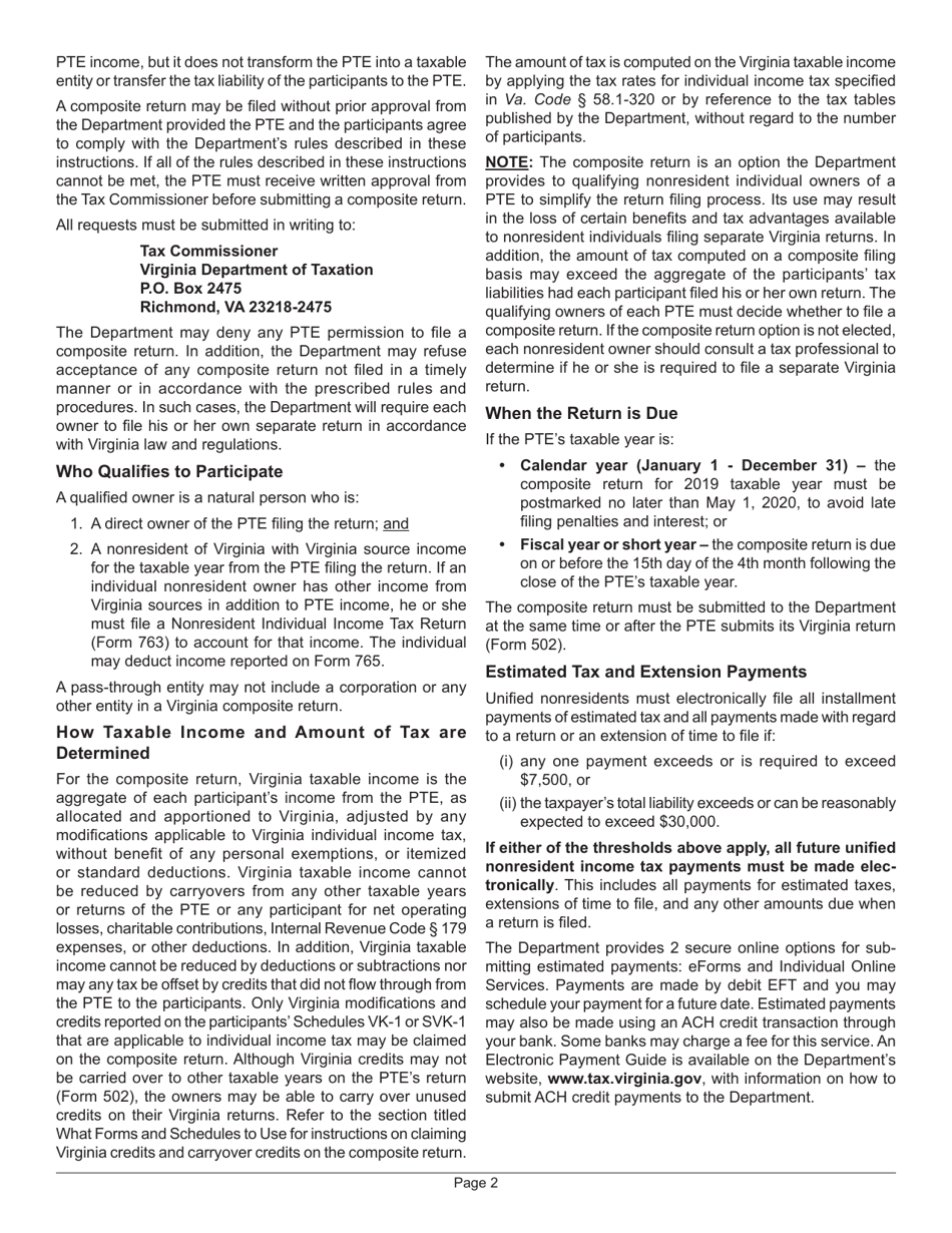 Instructions for Form 765 Unified Nonresident Individual Income Tax Return (Composite Return) - Virginia, Page 2