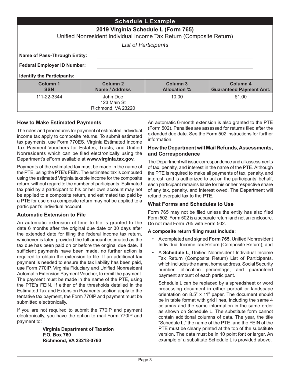 Instructions for Form 765 Unified Nonresident Individual Income Tax Return (Composite Return) - Virginia, Page 3
