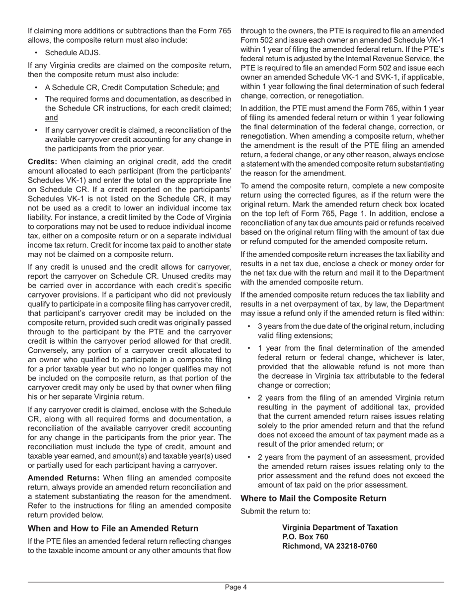 Instructions for Form 765 Unified Nonresident Individual Income Tax Return (Composite Return) - Virginia, Page 4