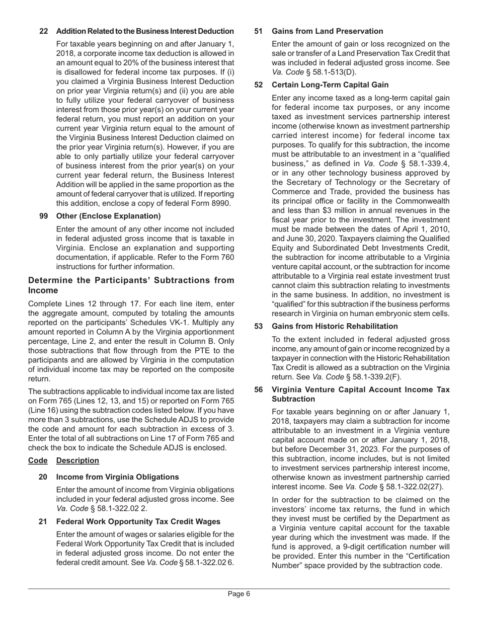 Instructions for Form 765 Unified Nonresident Individual Income Tax Return (Composite Return) - Virginia, Page 6