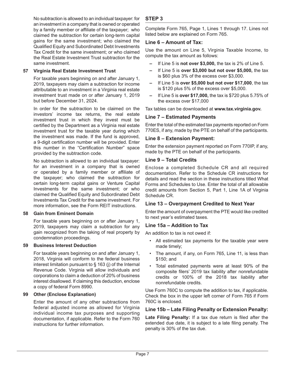 Instructions for Form 765 Unified Nonresident Individual Income Tax Return (Composite Return) - Virginia, Page 7