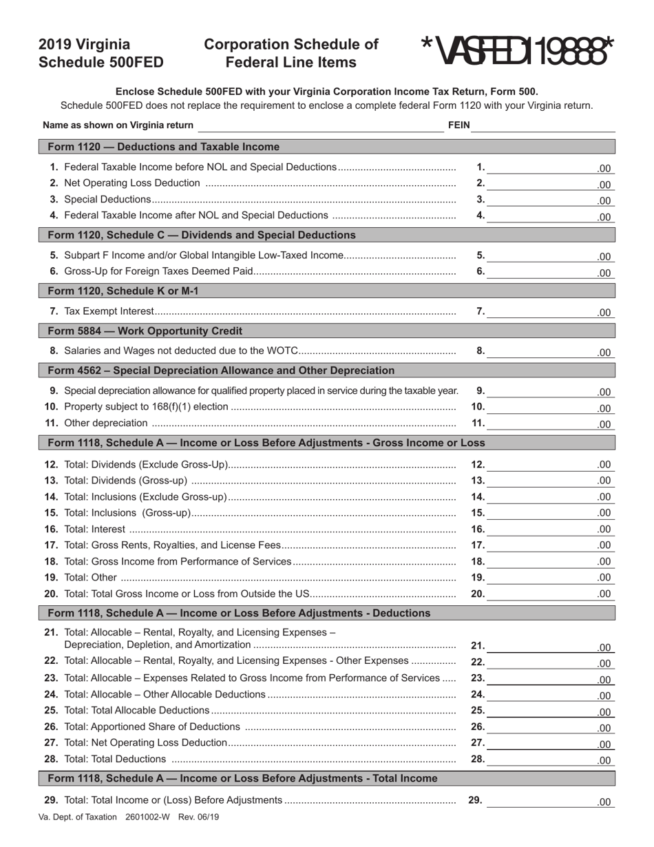 Schedule 500FED Corporation Schedule of Federal Line Items - Virginia, Page 1