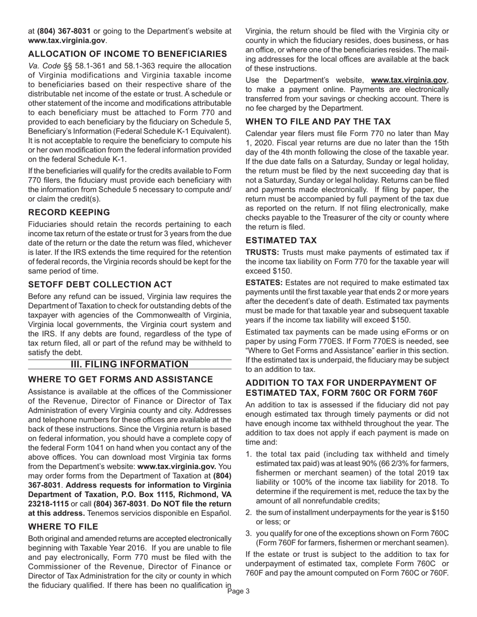 Instructions for Form 770 Virginia Fiduciary Income Tax Return - Virginia, Page 5