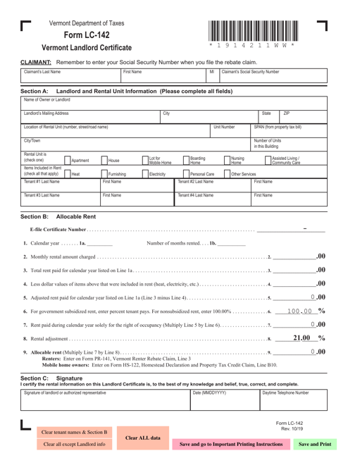 Form LC-142 Vermont Landlord Certificate - Vermont