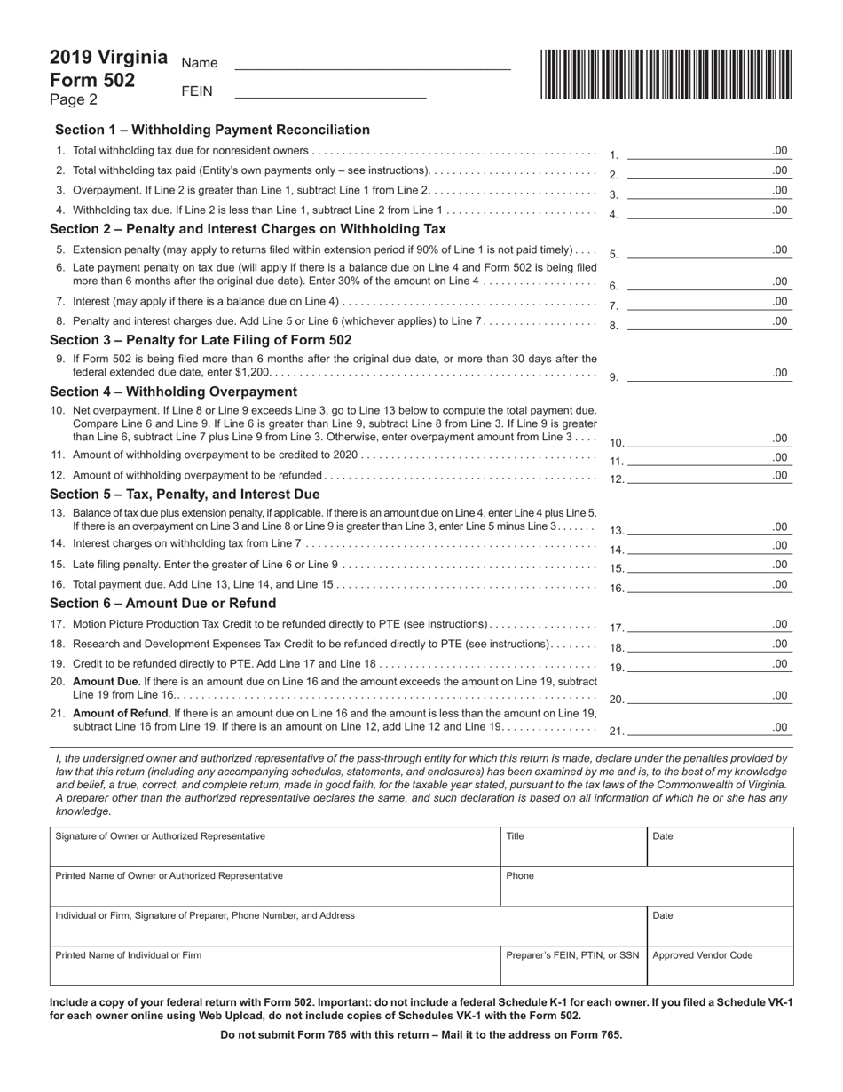 Form 502 Pass-Through Entity Return of Income and Return of Nonresident Withholding Tax - Virginia, Page 2