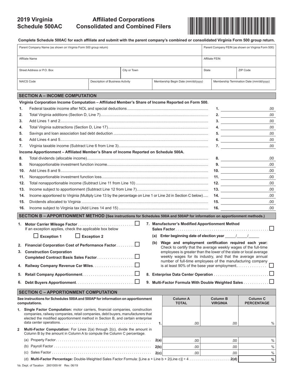 Schedule 500AC Affiliated Corporations Consolidated and Combined Filers - Virginia, Page 1