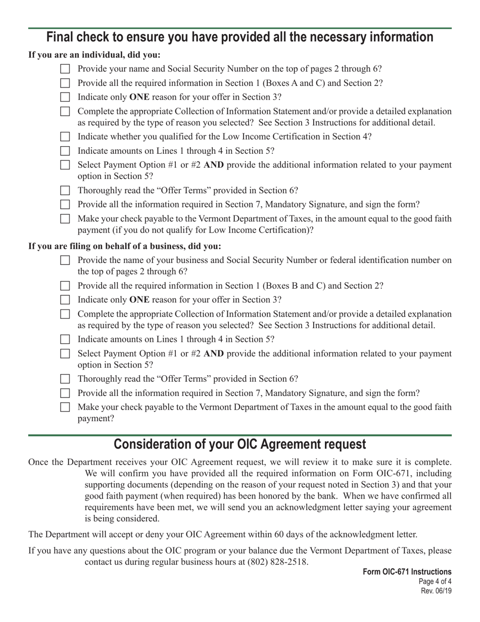 VT Form OIC-671 Offer in Compromise Agreement - Vermont, Page 4