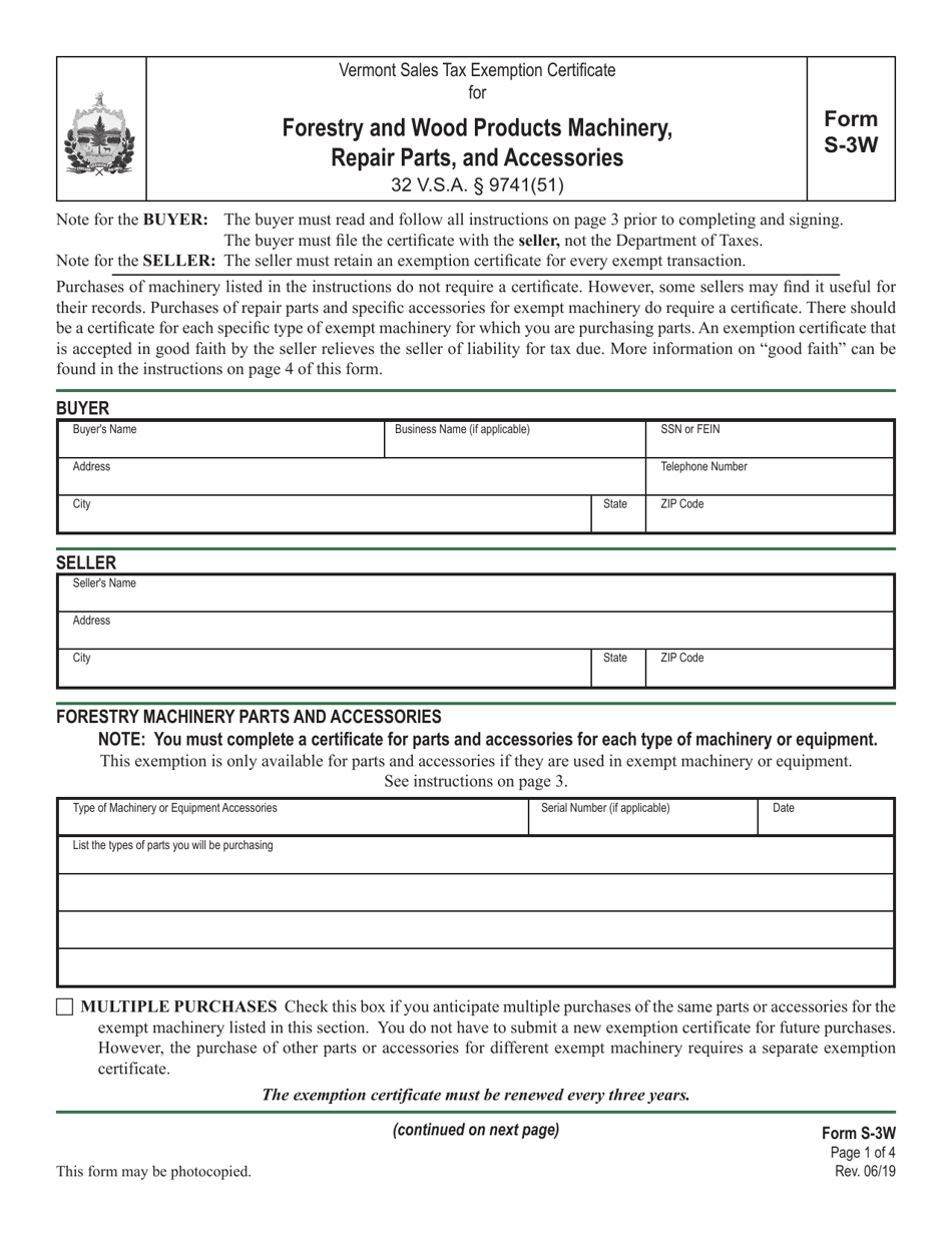 Form S-3W Download Printable PDF or Fill Online Vermont ...
