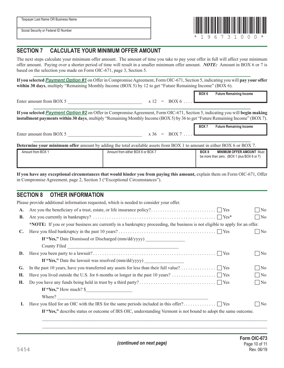 VT Form OIC-673 Collection Information Statement for Wage Earners and Self-employed Individuals - Vermont, Page 10