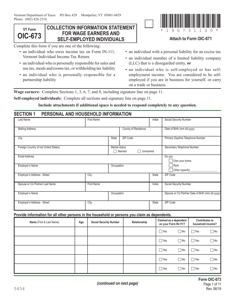 VT Form OIC-673 Collection Information Statement for Wage Earners and Self-employed Individuals - Vermont, Page 1