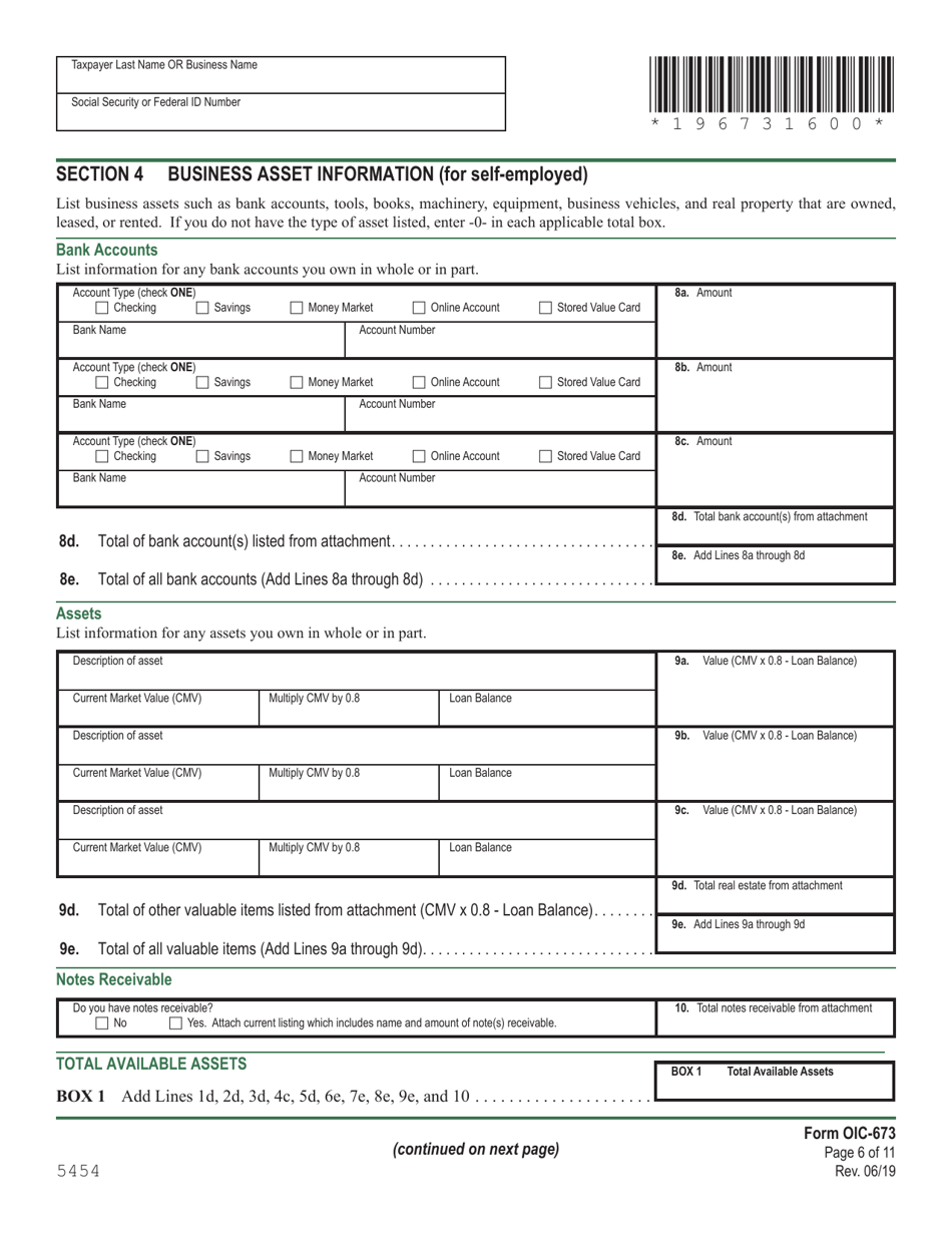 VT Form OIC-673 Collection Information Statement for Wage Earners and Self-employed Individuals - Vermont, Page 6