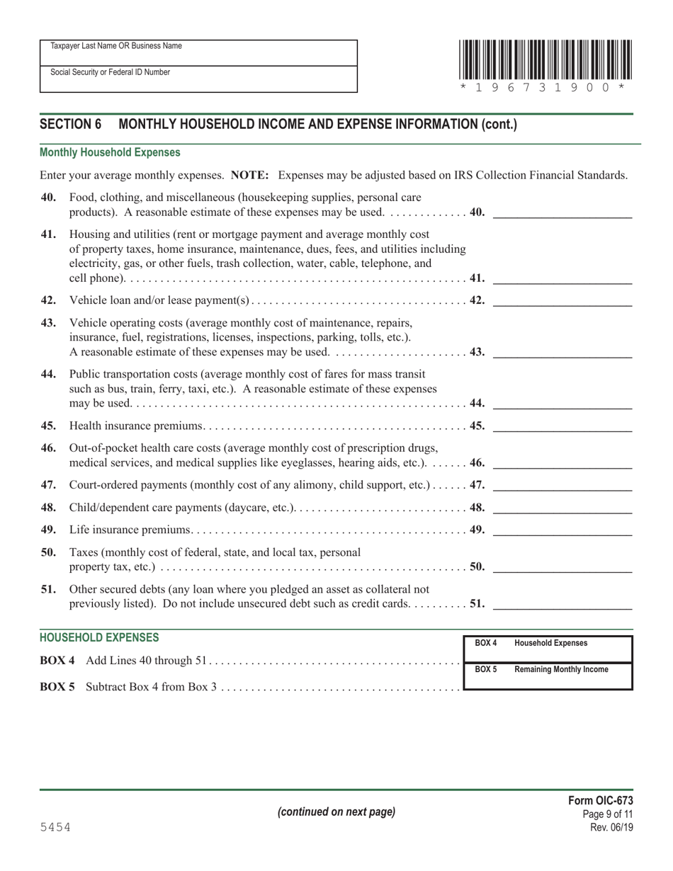 VT Form OIC-673 Collection Information Statement for Wage Earners and Self-employed Individuals - Vermont, Page 9