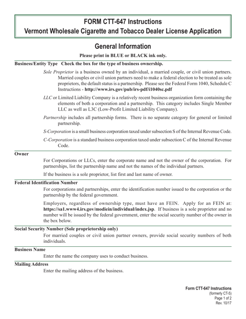 Instructions for VT Form CTT-647 Vermont Wholesale Cigarette and Tobacco Dealer License Application - Vermont