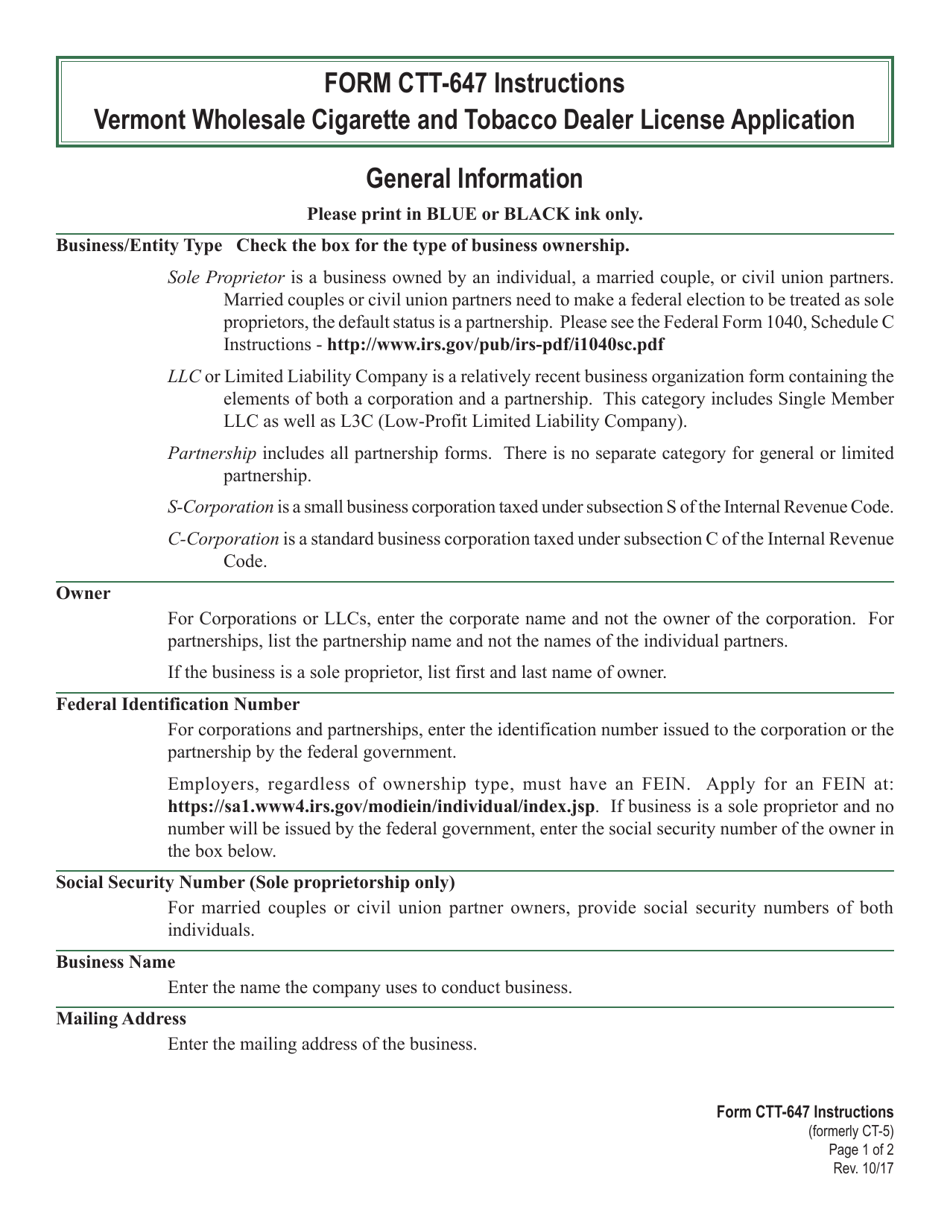 Instructions for VT Form CTT-647 Vermont Wholesale Cigarette and Tobacco Dealer License Application - Vermont, Page 1