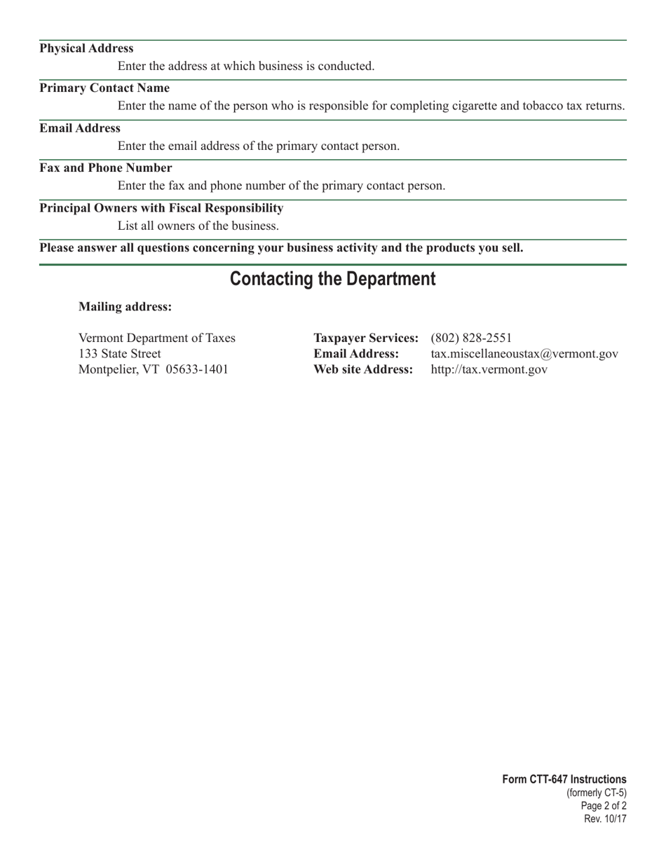 Instructions for VT Form CTT-647 Vermont Wholesale Cigarette and Tobacco Dealer License Application - Vermont, Page 2
