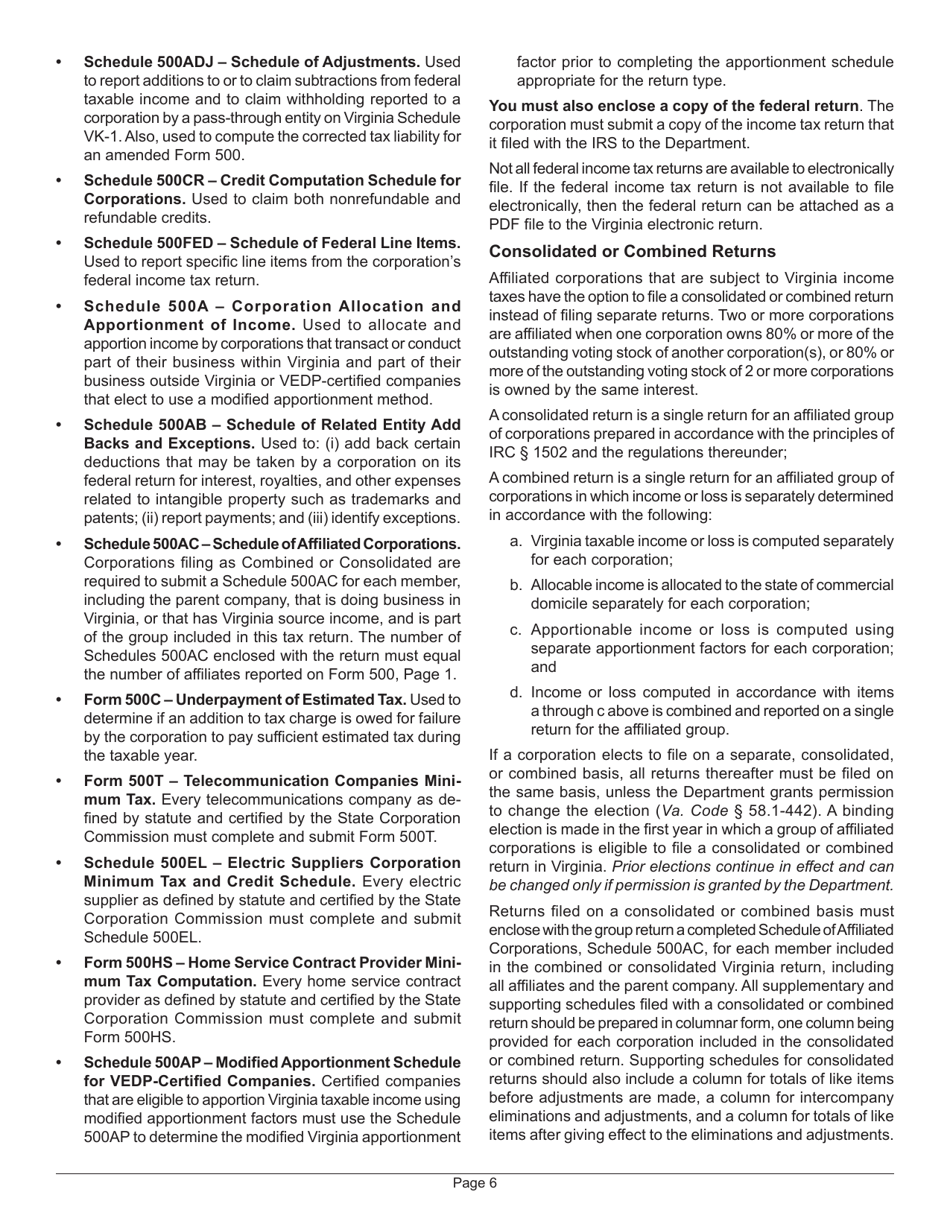 Instructions for Form 500 Virginia Corporation Income Tax Return - Virginia, Page 10