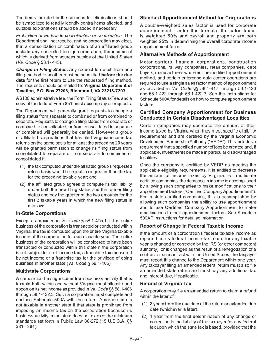 Instructions for Form 500 Virginia Corporation Income Tax Return - Virginia, Page 11