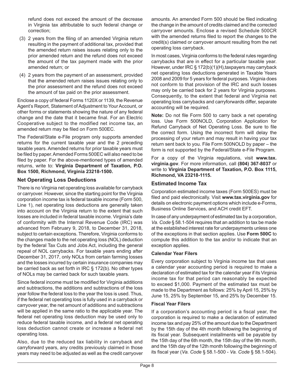 Instructions for Form 500 Virginia Corporation Income Tax Return - Virginia, Page 12