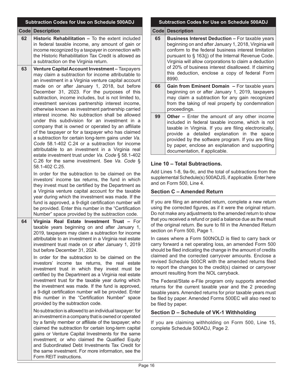 Instructions for Form 500 Virginia Corporation Income Tax Return - Virginia, Page 20