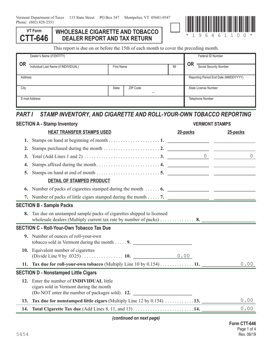 VT Form CTT-646 Wholesale Cigarette and Tobacco Dealer Report and Tax Return - Vermont, Page 1