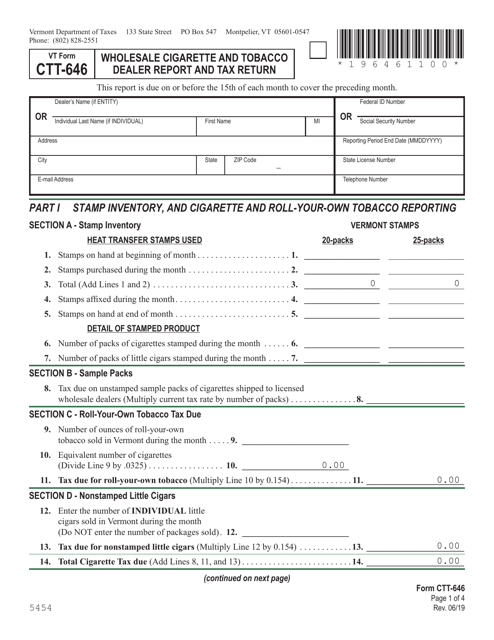 VT Form CTT-646 Wholesale Cigarette and Tobacco Dealer Report and Tax Return - Vermont