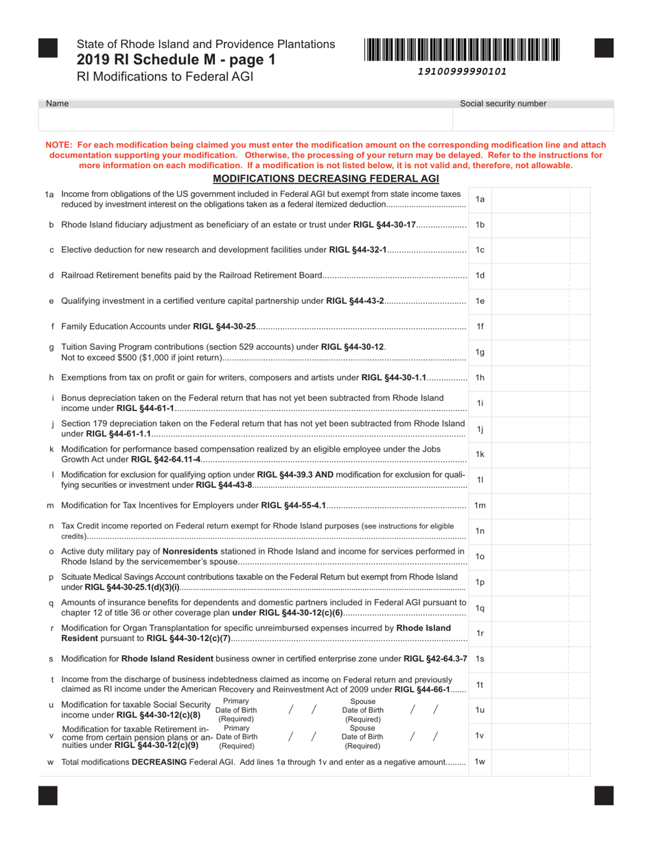 Schedule M Ri(modifications to Federal Agi - Rhode Island, Page 1