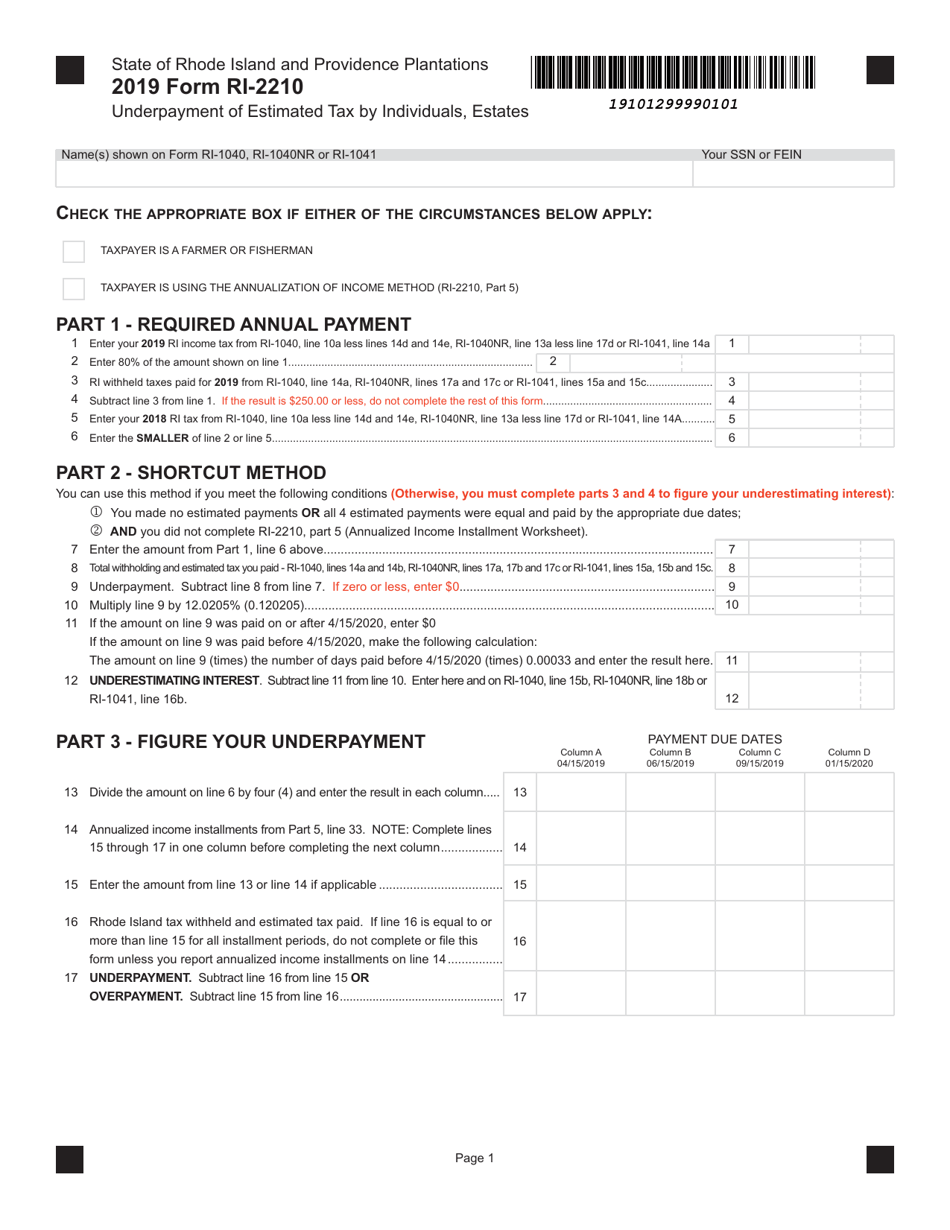 Form RI-2210 Underpayment of Estimated Tax by Individuals, Estates - Rhode Island, Page 1