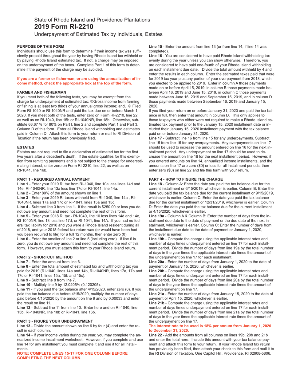 Form RI-2210 Underpayment of Estimated Tax by Individuals, Estates - Rhode Island, Page 3