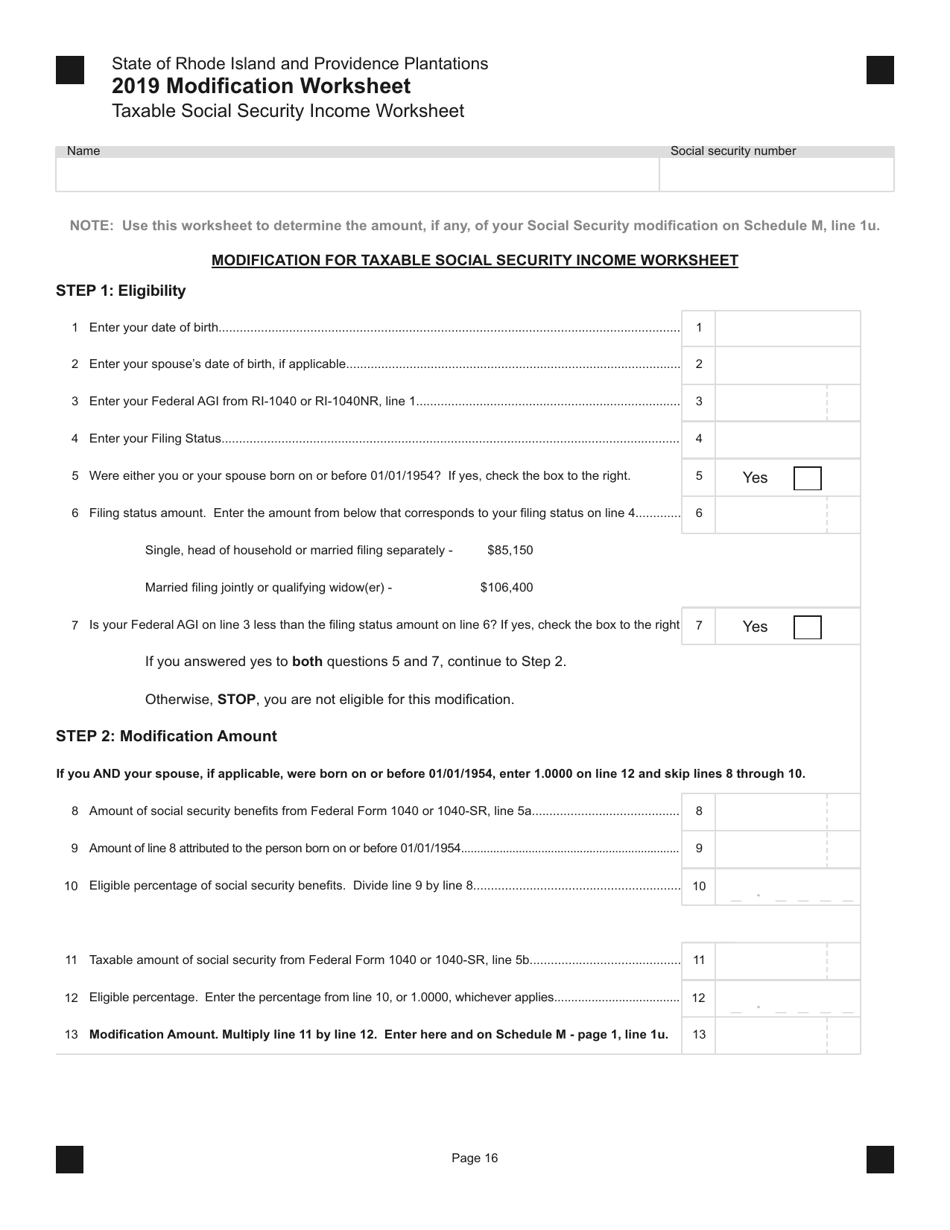 Taxable Social Security Income Worksheet - Rhode Island, Page 1