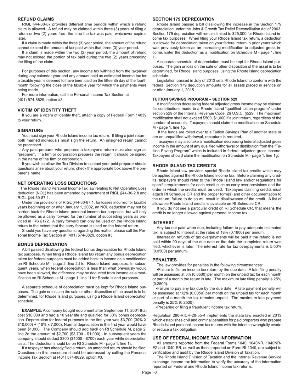 Instructions for Form RI-1040 Resident Individual Income Tax Return - Rhode Island, Page 3