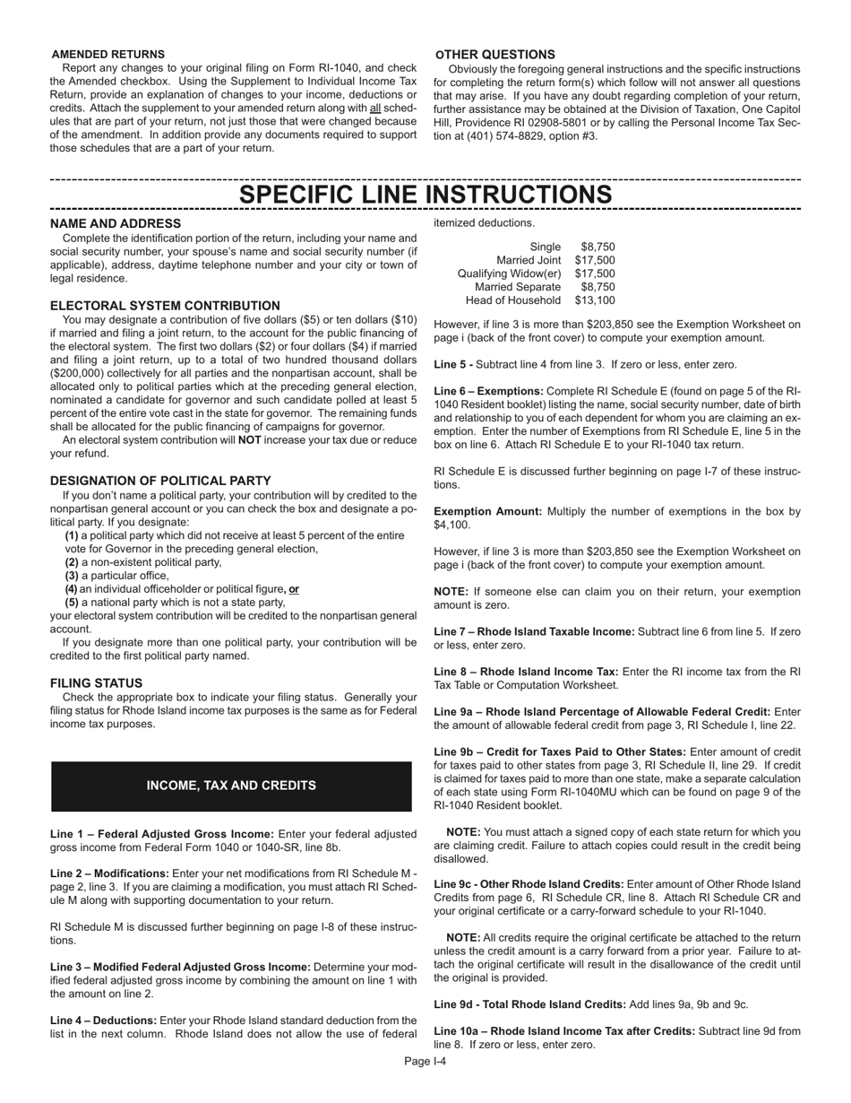 Instructions for Form RI-1040 Resident Individual Income Tax Return - Rhode Island, Page 4