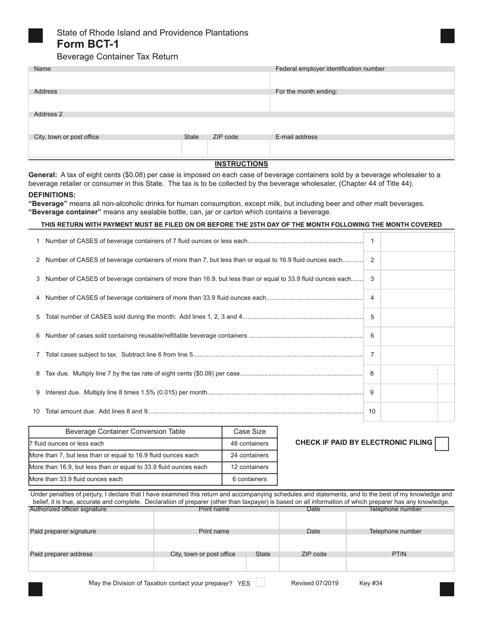 Form BCT-1 Beverage Container Tax Return - Rhode Island, Page 1
