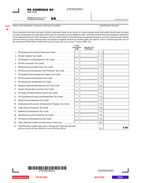 Form PA-40 (PA-41) Schedule OC  Printable Pdf