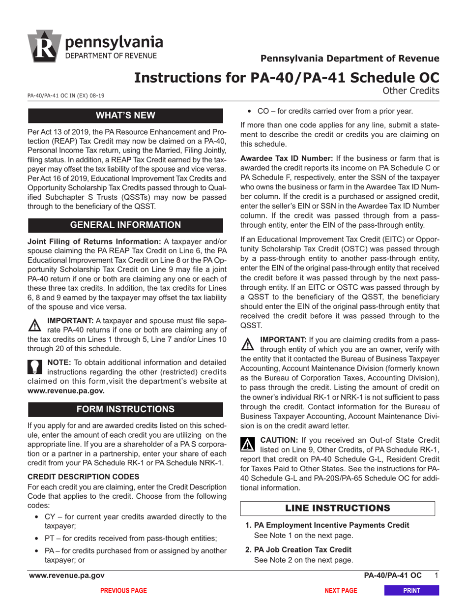 Form PA-40 (PA-41) Schedule OC Other Credits - Pennsylvania, Page 3