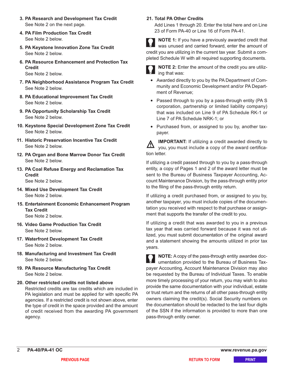 Form PA-40 (PA-41) Schedule OC Other Credits - Pennsylvania, Page 4