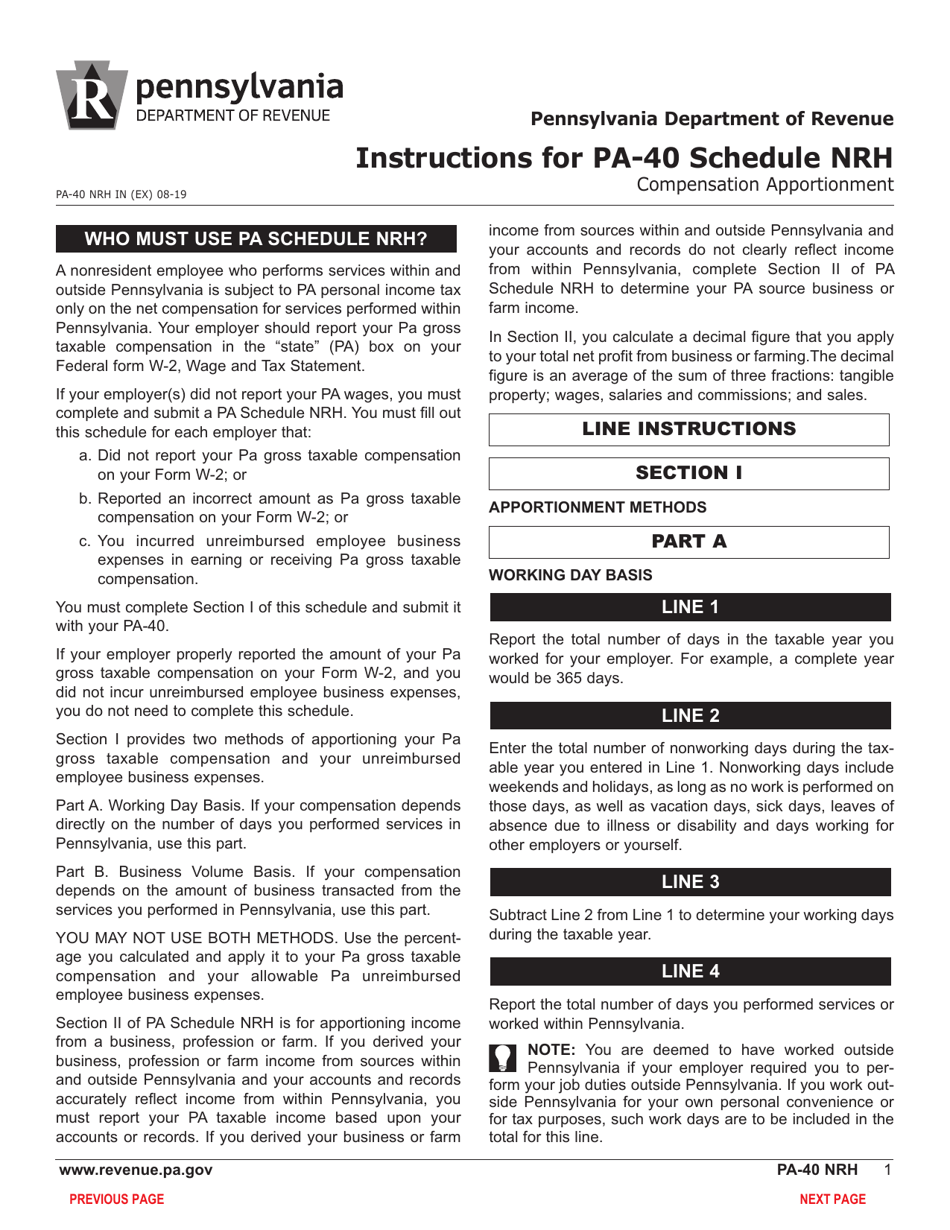 Form PA-40 Schedule NRH Compensation Apportionment - Pennsylvania, Page 3