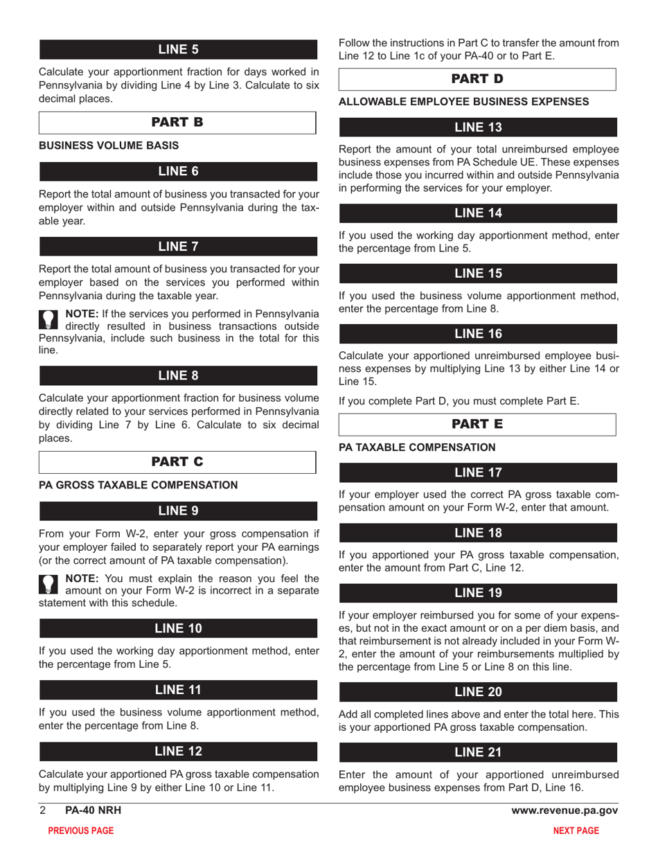 Form PA-40 Schedule NRH Compensation Apportionment - Pennsylvania, Page 4