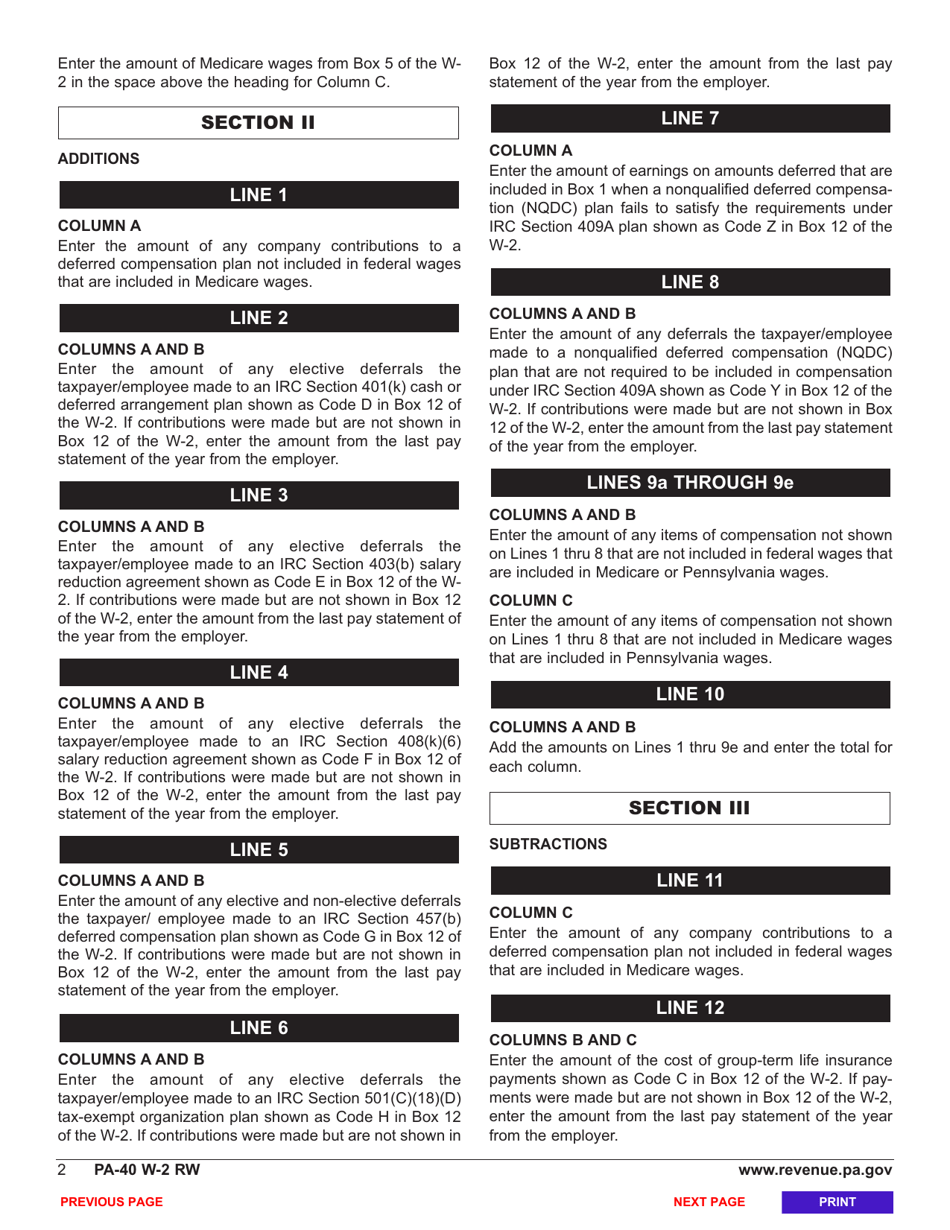 Form PA-40 W-2 RW Pa W-2 Reconciliation Worksheet - Pennsylvania, Page 4