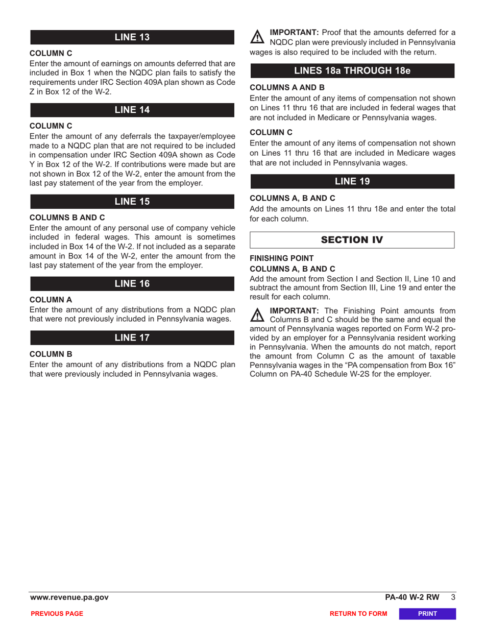 Form PA-40 W-2 RW Pa W-2 Reconciliation Worksheet - Pennsylvania, Page 5