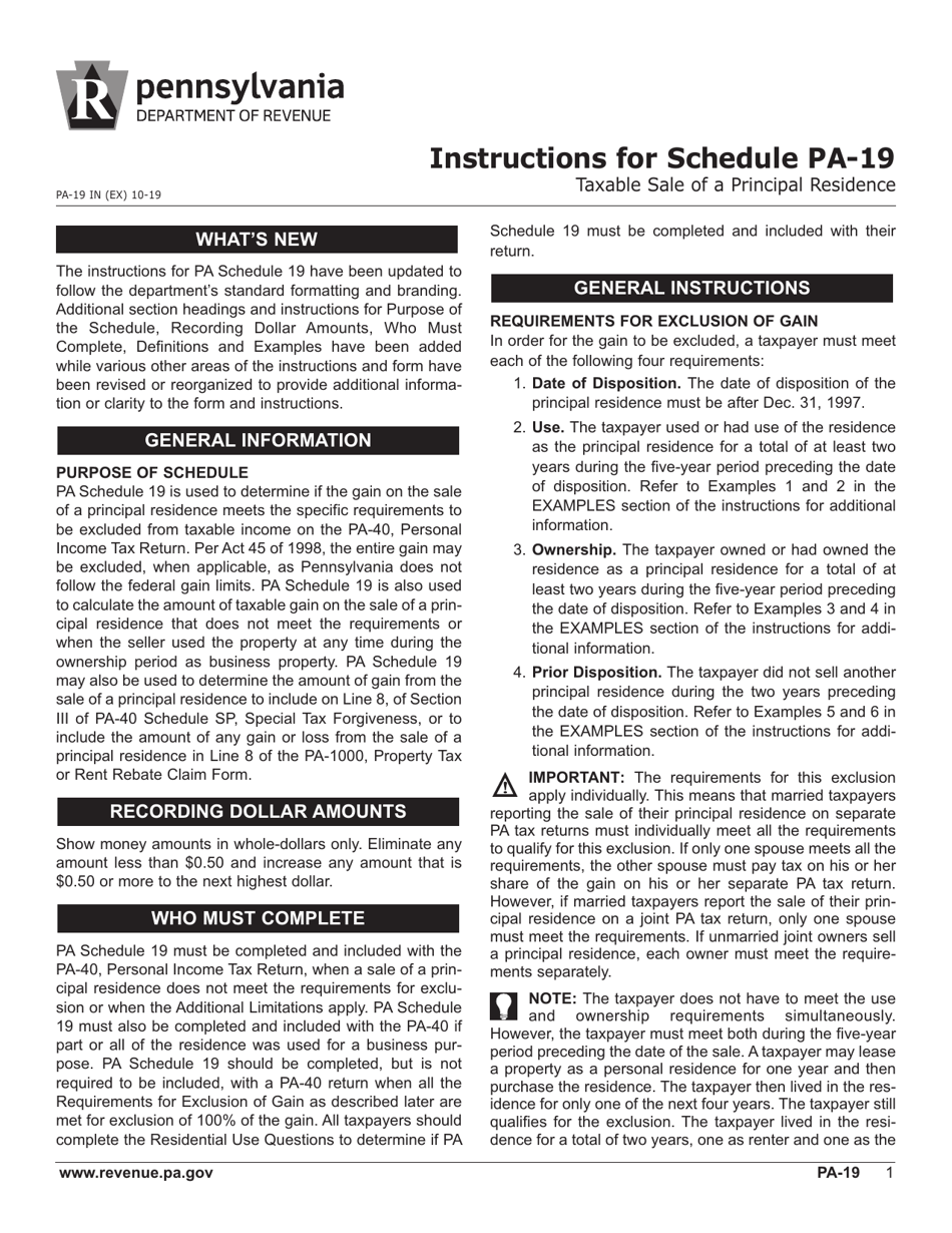 Form PA-19 Schedule 19 Taxable Sale of a Principal Residence - Pennsylvania, Page 3